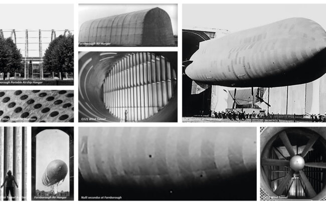 Black and white images from the archive of Farnborough's aviation production heritage, showing some of the fins of Windtunnels, as well as blimps and fans.