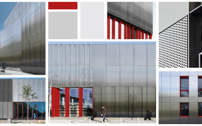 Showing several construction methods that evoke the metallic, silver and red of traditional airplanes in building design.