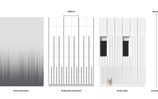 Showing how the ground to sky gradient can be represented texturally through decreasing the density of vertical lines in the building facade the higher it goes.