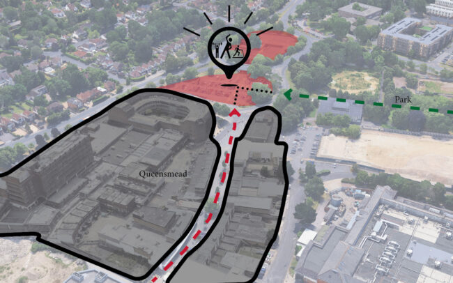 An areas overview of Farnborough with the Queensmead locality higlighted in relation to the new proposed Farnborough Leisure Centre